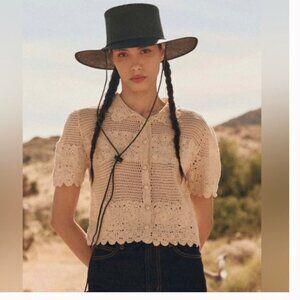 New The Great. The Crochet Polo Top Short Sleeves in Natural Sz S